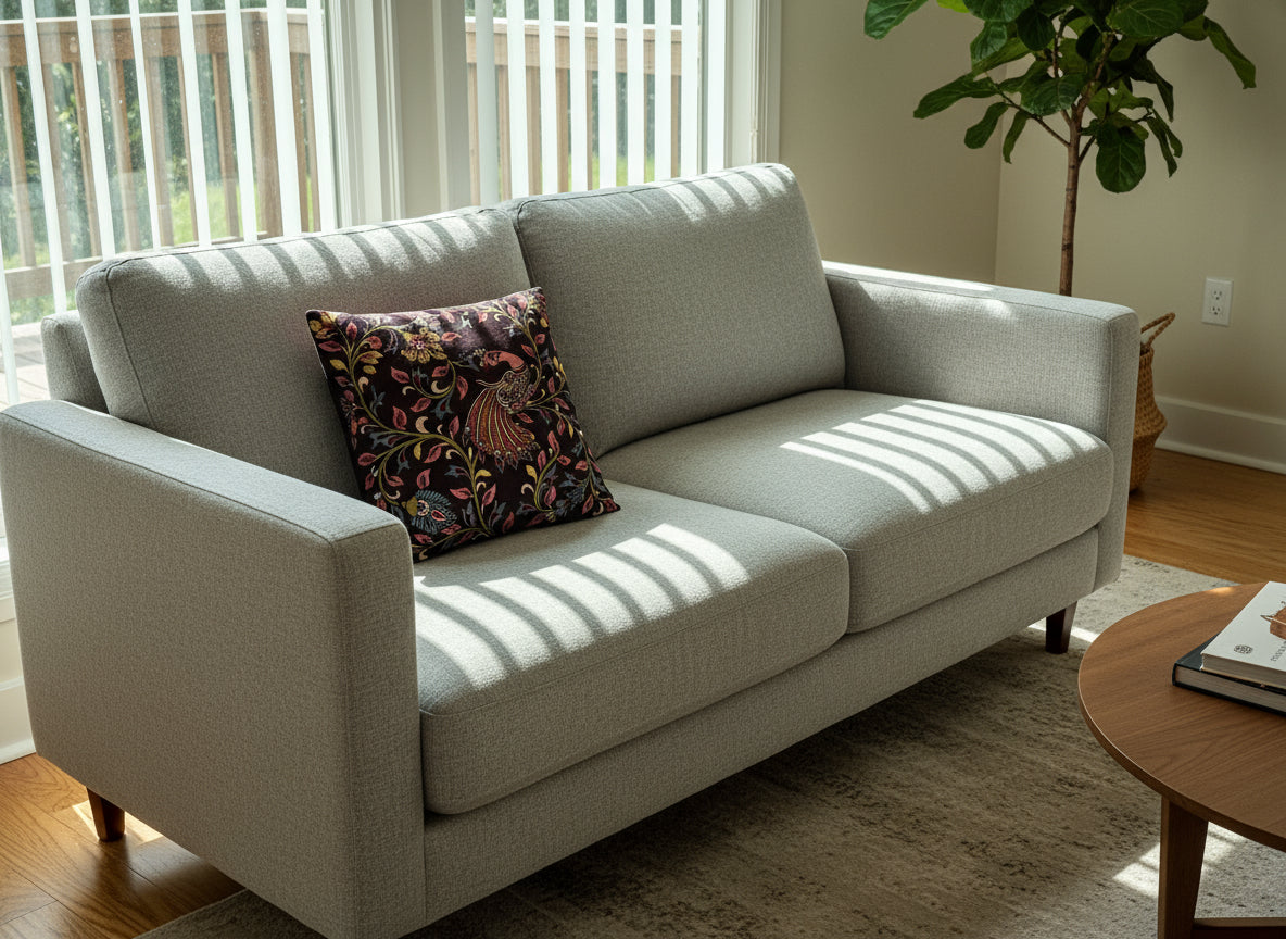 Kalamkari hand painted cushion cover on a table