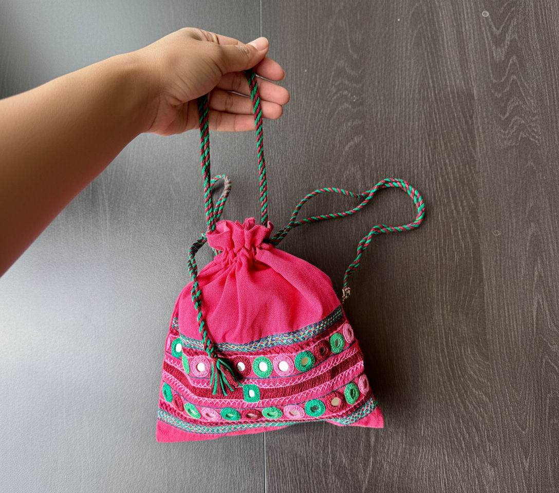 Hand holding a pink drawstring bag with green accents on a wooden surface