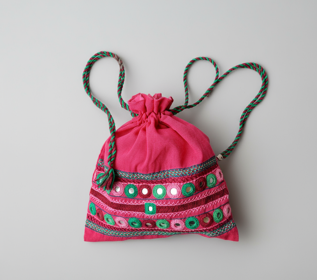 Pink drawstring bag with decorative elements on a light gray background