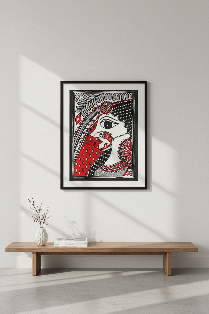 Framed artwork of a stylized face with red and black design on a white wall.