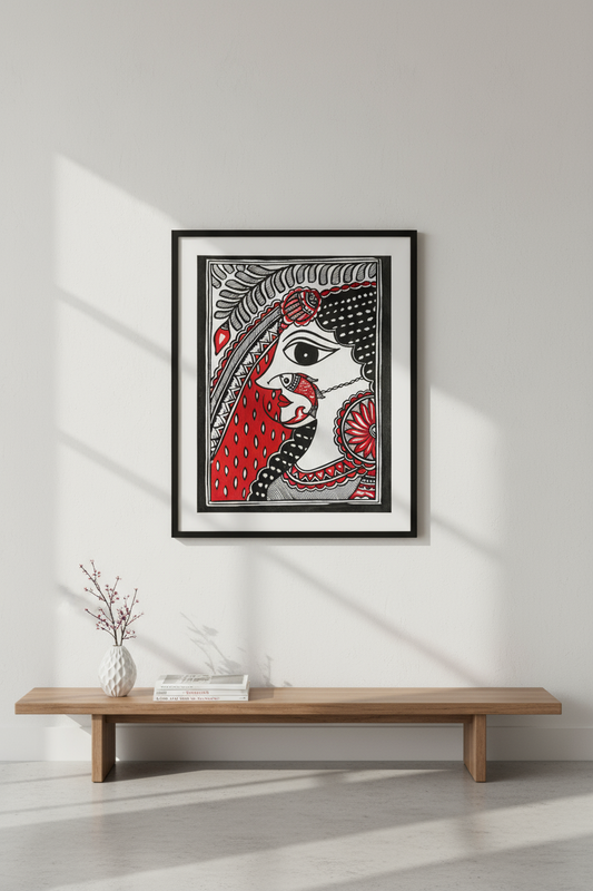 Framed artwork of a stylized face with red and black design on a white wall.