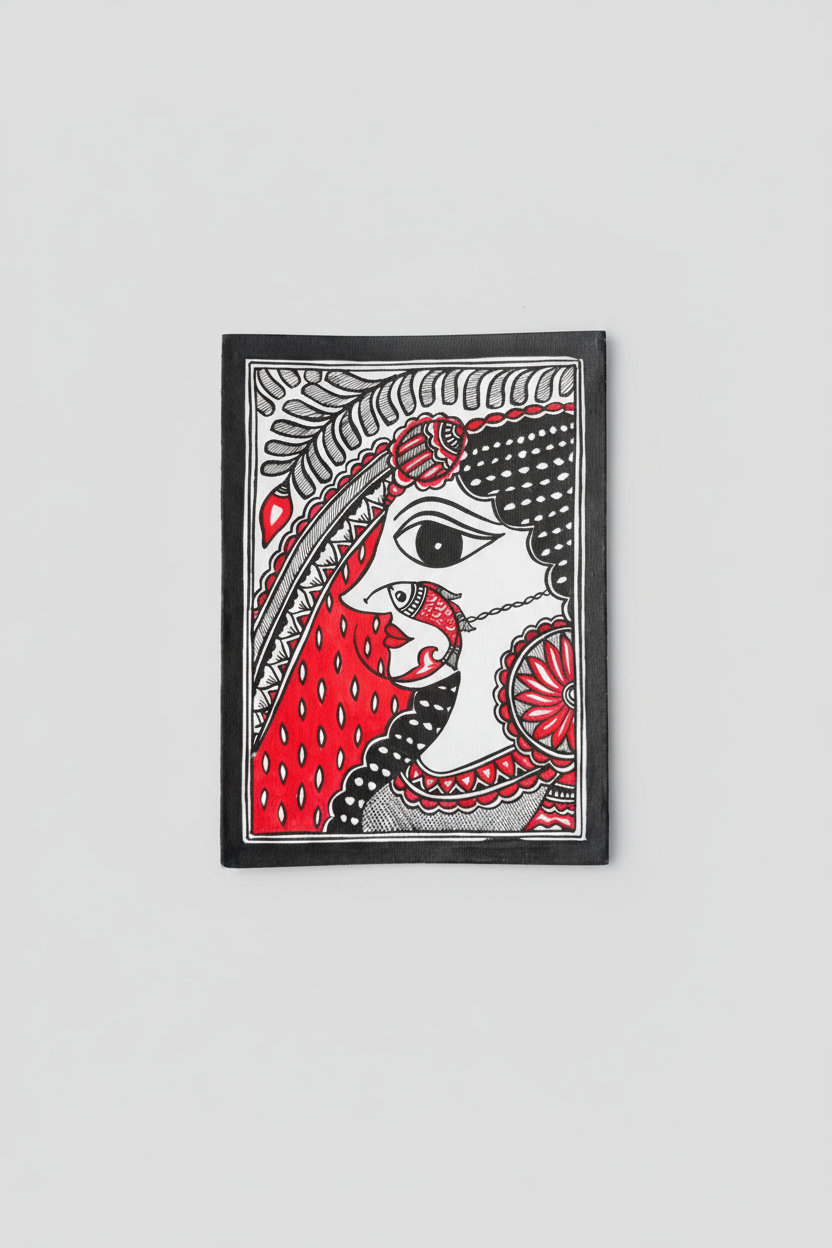 Framed artwork of a stylized face with red and black patterns on a white wall.