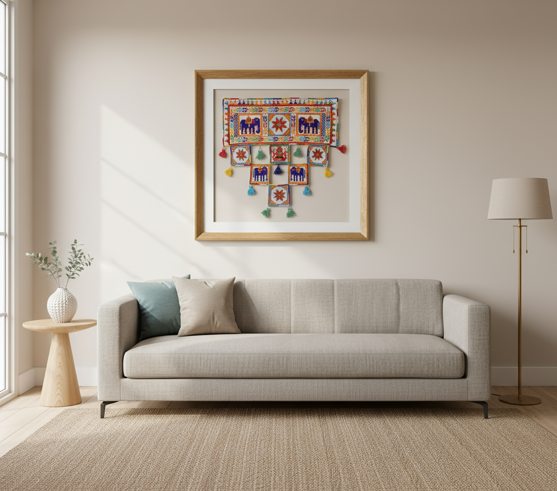 Living room with a gray sofa, decorative pillow, and framed artwork on the wall.