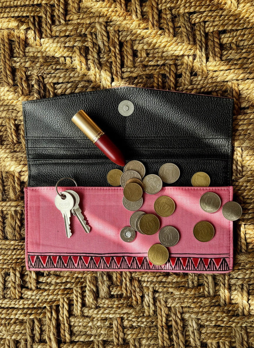 Hand painted Madhubani design on a deep pink wallet on a woven mat