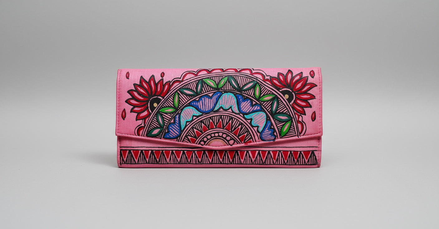 Decorative pink hand painted Madhubani design with floral and geometric design on a textured mat background