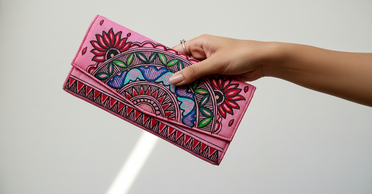 Hand holding a pink clutch with colorful abstract design on a white background