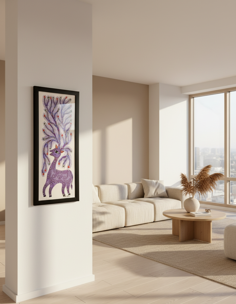 Living room with a framed artwork of a purple deer on a white wall.