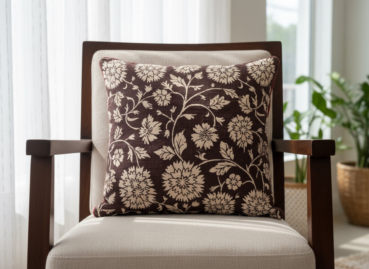 Close-up of floral patterned fabric in brown and beige.