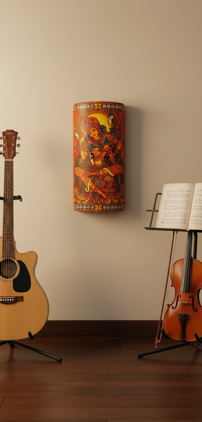 A goddess playing music in Kerala mural art style bamboo wall decor
