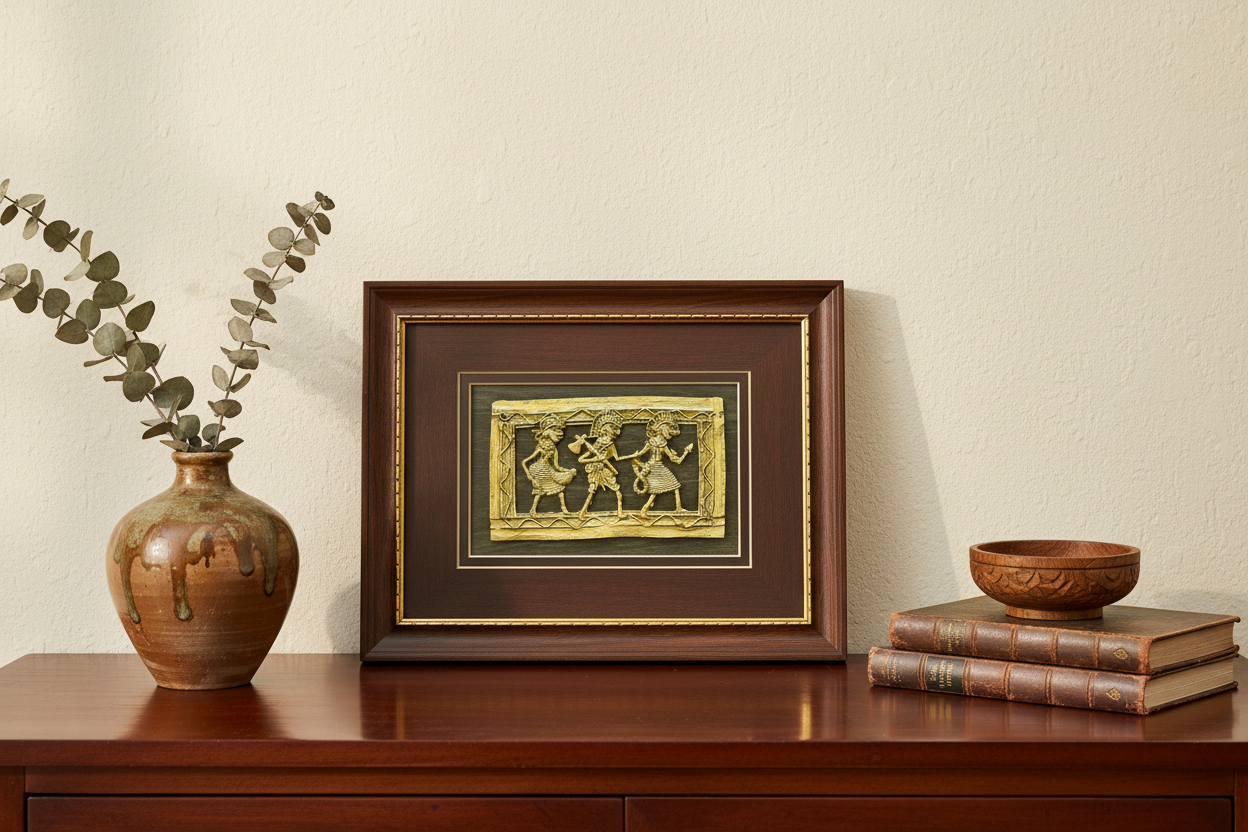 A framed decorative brass Dhokra art piece framed in a brown frame featuring a gold-toned relief scene on a dark background, displayed on a wooden console table next to a ceramic vase with eucalyptus and a stack of old books with a wooden bowl.