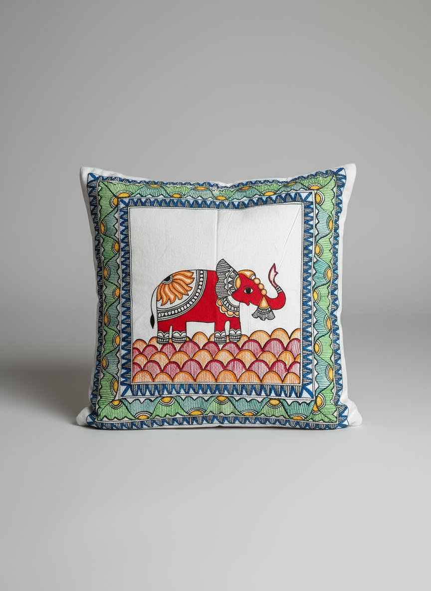 Decorative pillow with an elephant design on a black chair