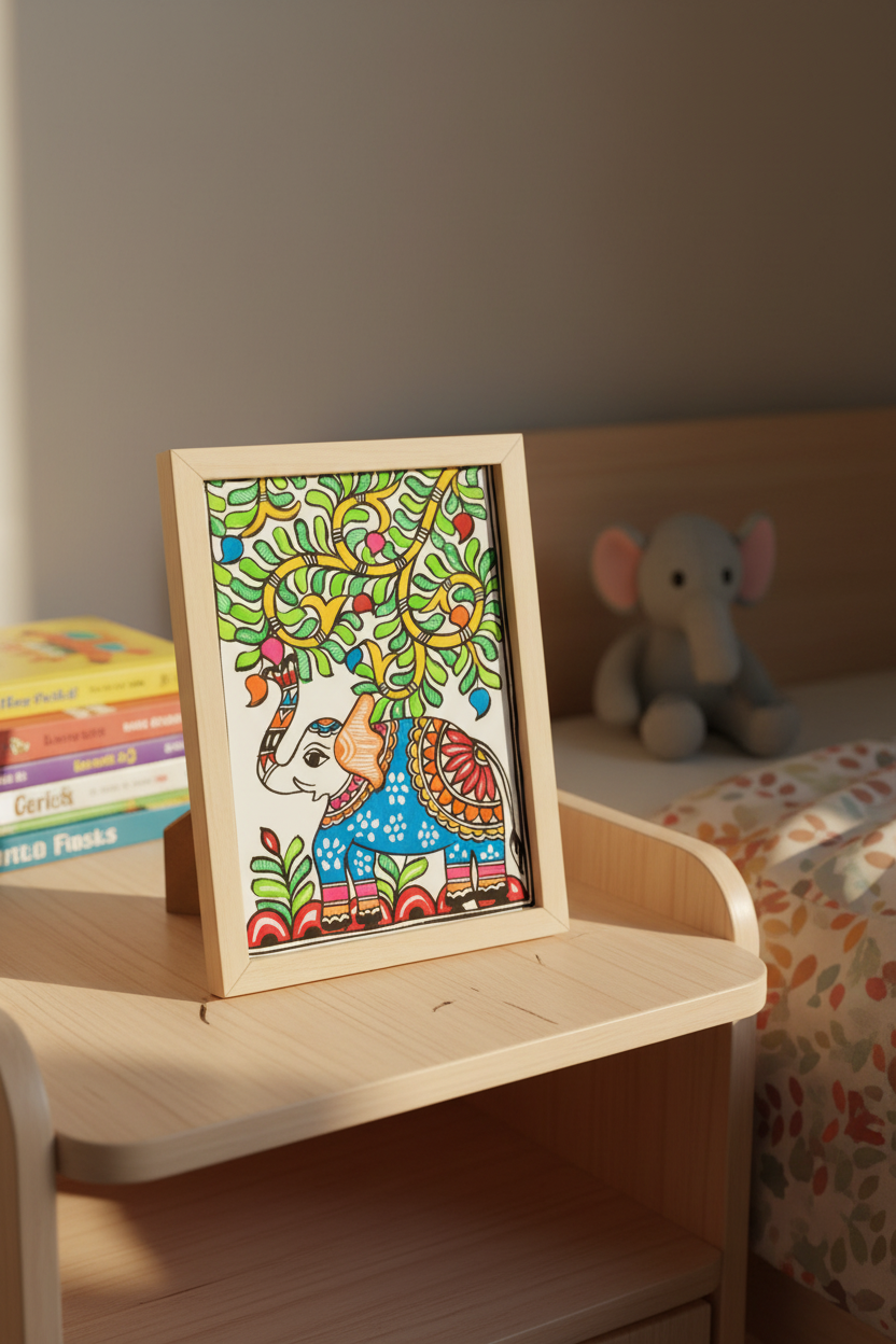Colorful elephant under a tree with gray white background 