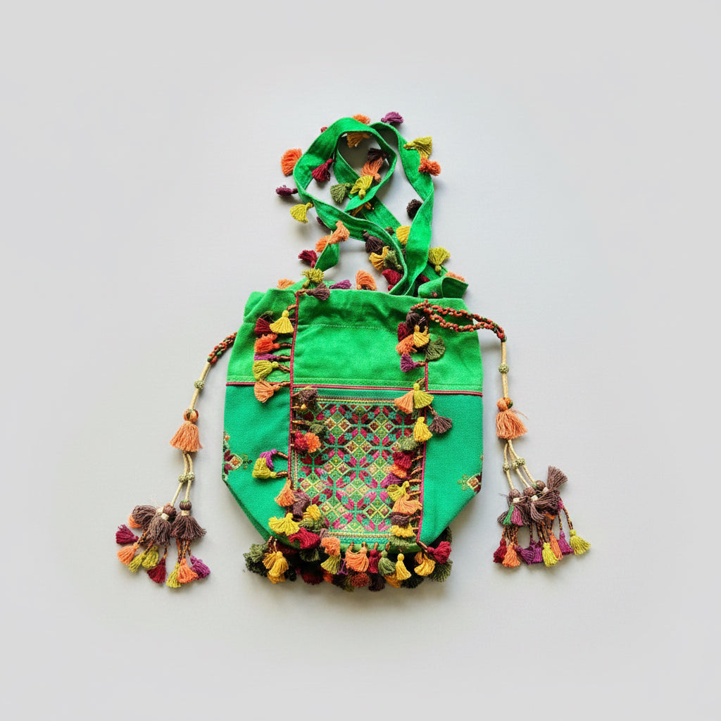 Emerald green Kutchi Soof embroidery batwa with tassel trim and embroidered panels