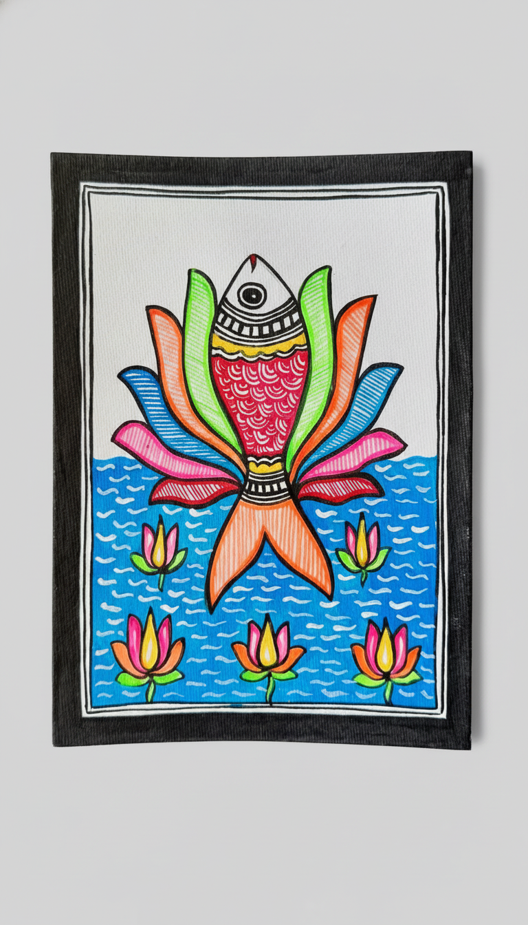 Colorful fish illustration with lotus flowers on a gray background