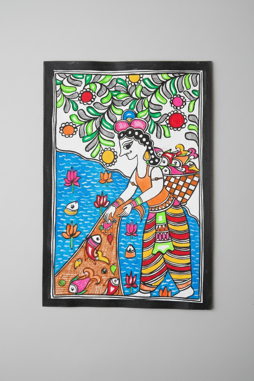 Colorful artwork of a man playing a musical instrument with a fish, framed on a gray background