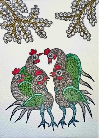Hand-painted Gond art wall decor featuring intricate tribal patterns and vibrant storytelling inspired by nature and folklore.
