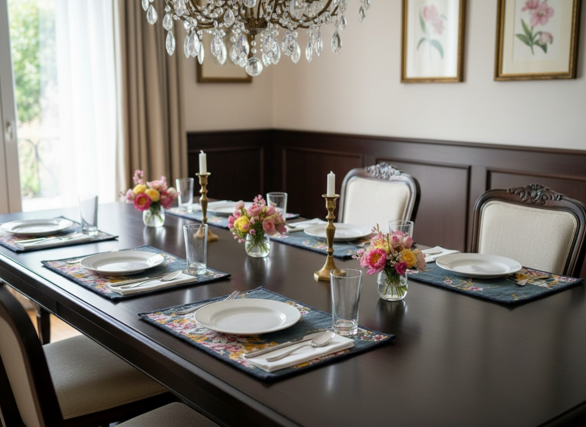 Dining table set with plates, glasses, and floral arrangements in a well-lit room.