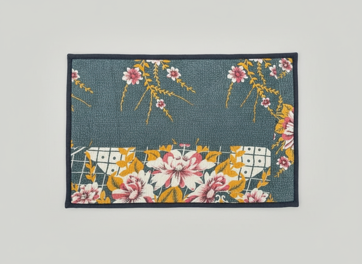 Floral patterned rug with geometric design on a plain background