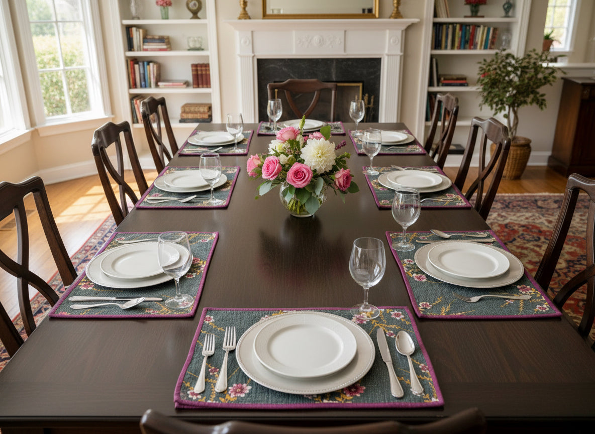Floral patterned fabric with a purple border on a dark surface