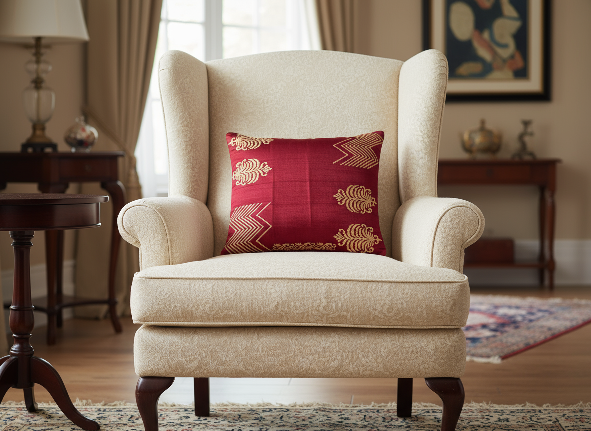 Beige armchair with a red pillow in a room with wooden furniture and a painting.