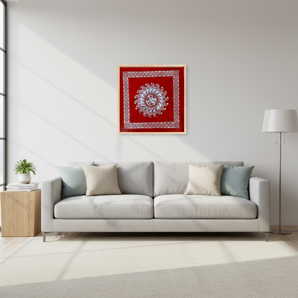 Modern living room with a gray sofa, decorative pillow, and red framed artwork on the wall.
