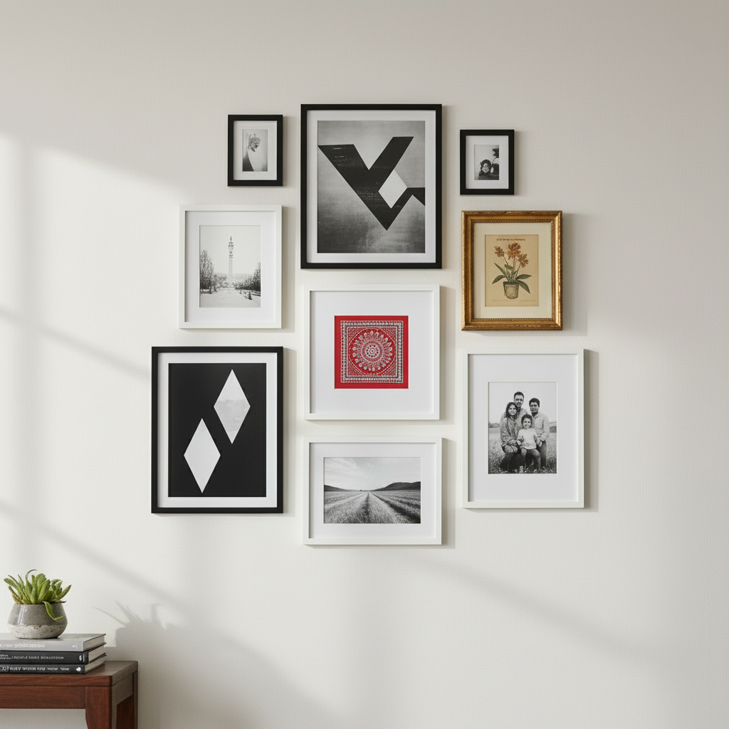 Wall with various framed pictures, a striking red and white artwork in the center, and a small plant on a table.
