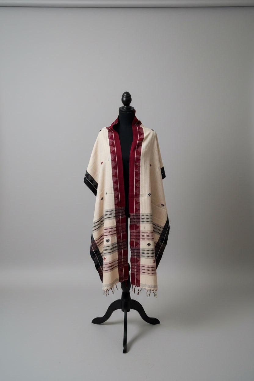 Mannequin wearing a patterned Kotpad weave stole on a plain background