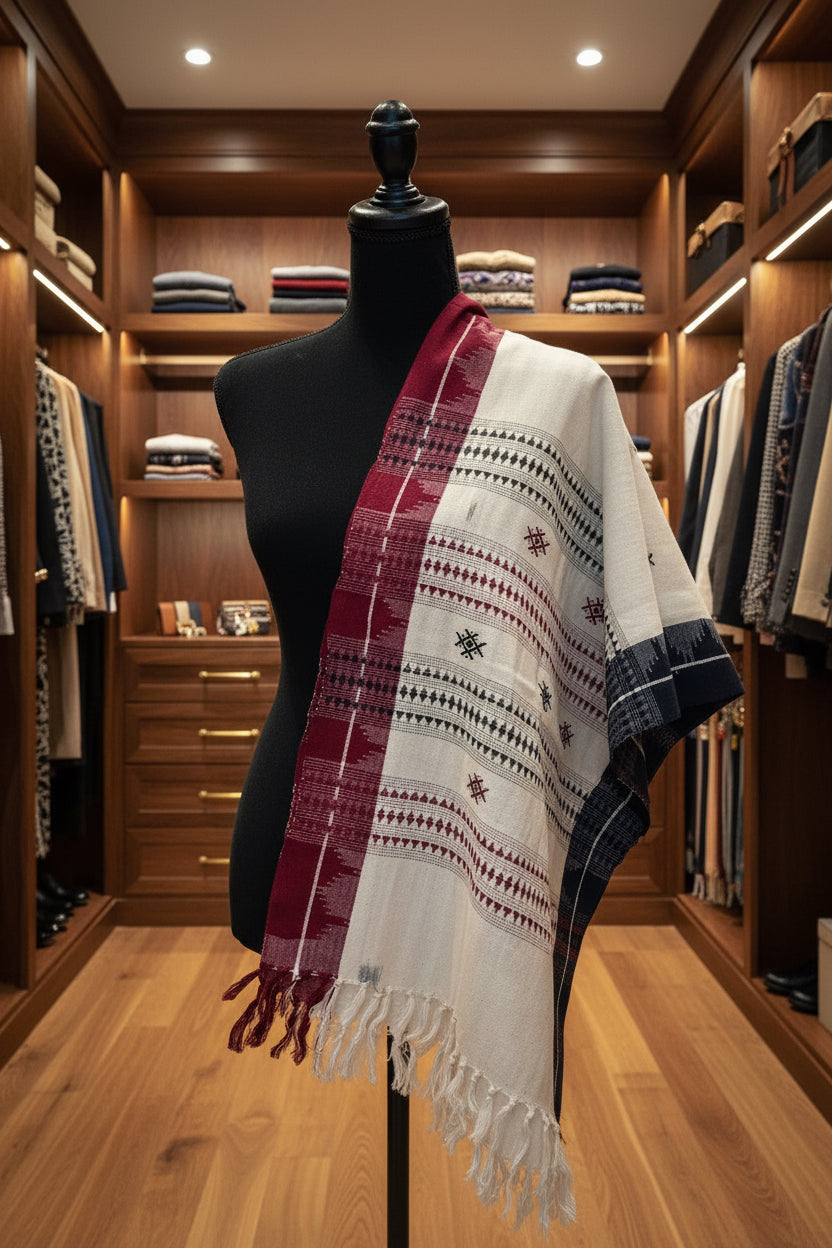 Mannequin wearing a white and red patterned Kotpad weave stole in a wooden closet.