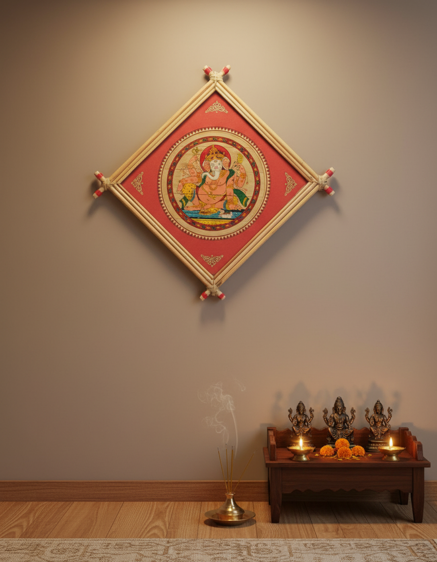 Ganesh picture in wood frame over a small temple 