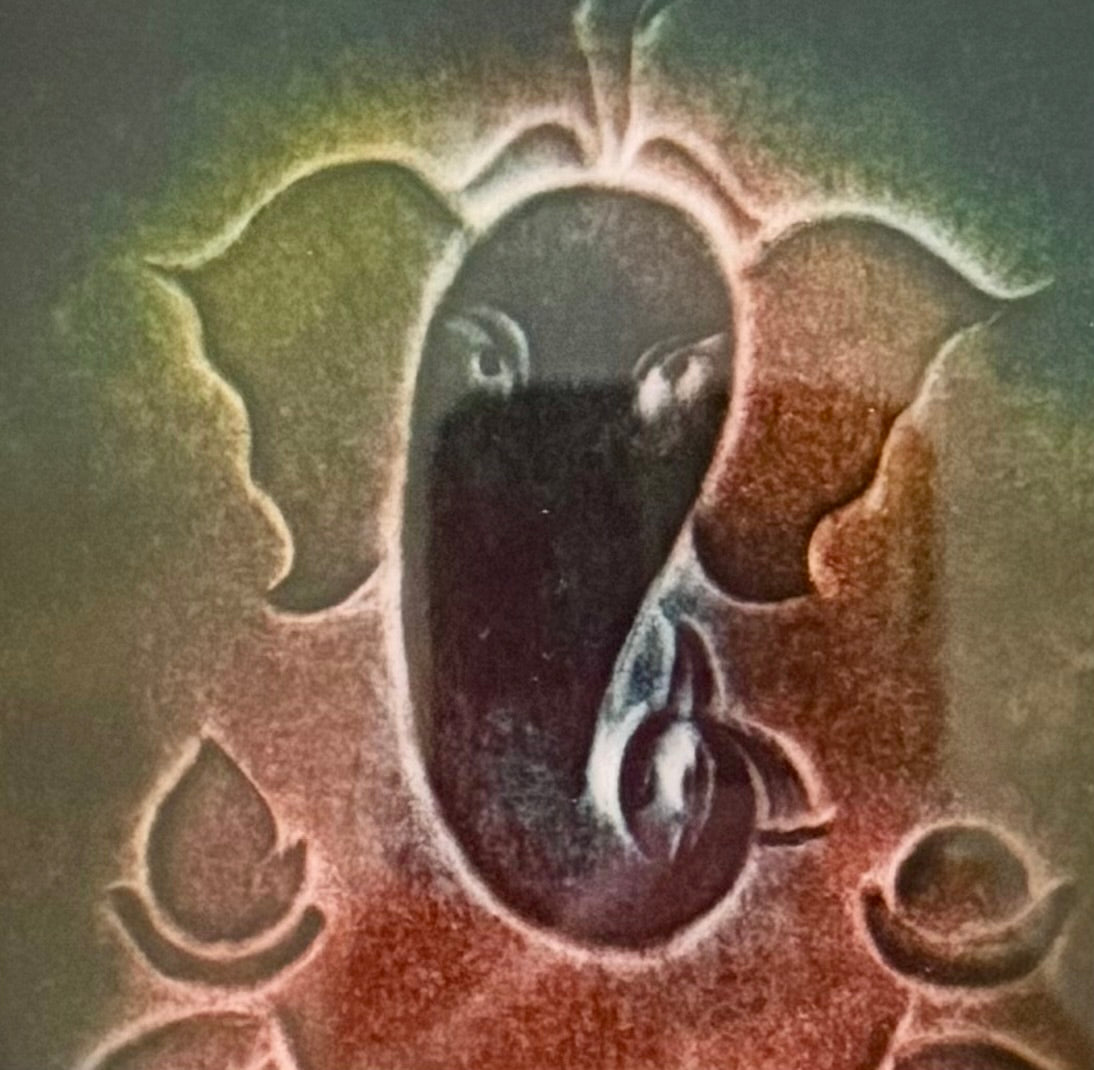 Nail drawn artwork of Ganesh closeup surrounded by abstract shapes on a dark background