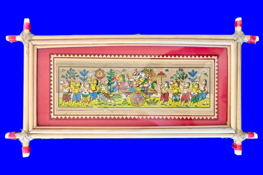 Decorative wall art with colorful characters and patterns in a wooden frame on a blue background
