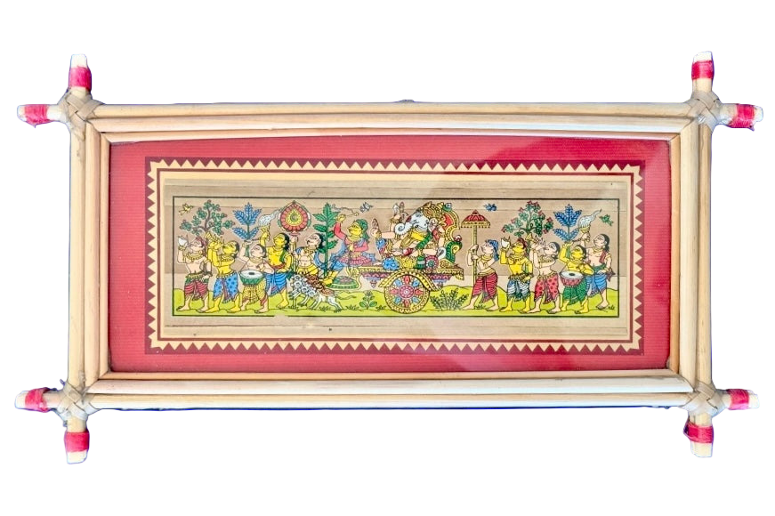 Decorative wooden frame with colorful artwork of people and animals on a white background