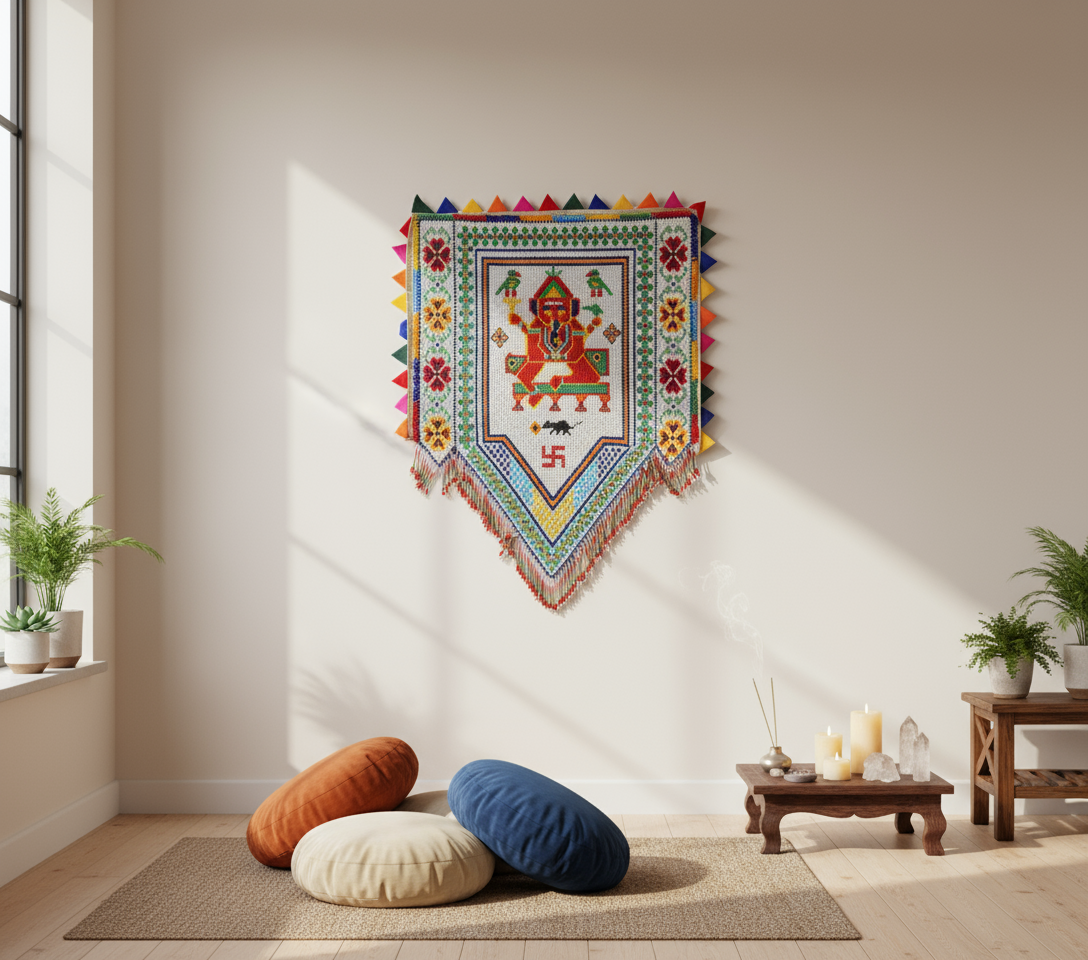 Decorative wall hanging with colorful patterns and symbols in a room with plants and a small table.