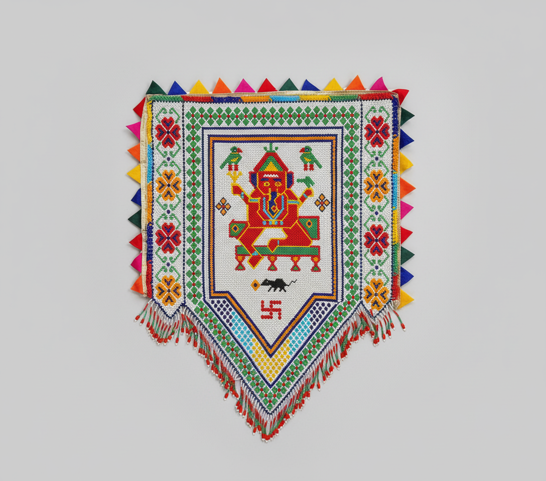 Decorative wall hanging with colorful patterns and a Ganesh design on a light gray background