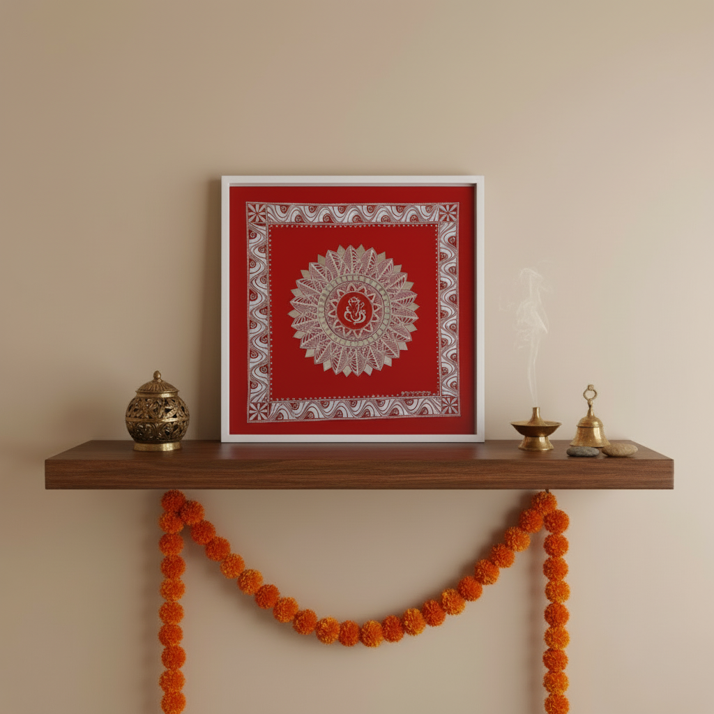 Decorative shelf with a red framed artwork, small brass items, and orange floral garland on a beige wall.