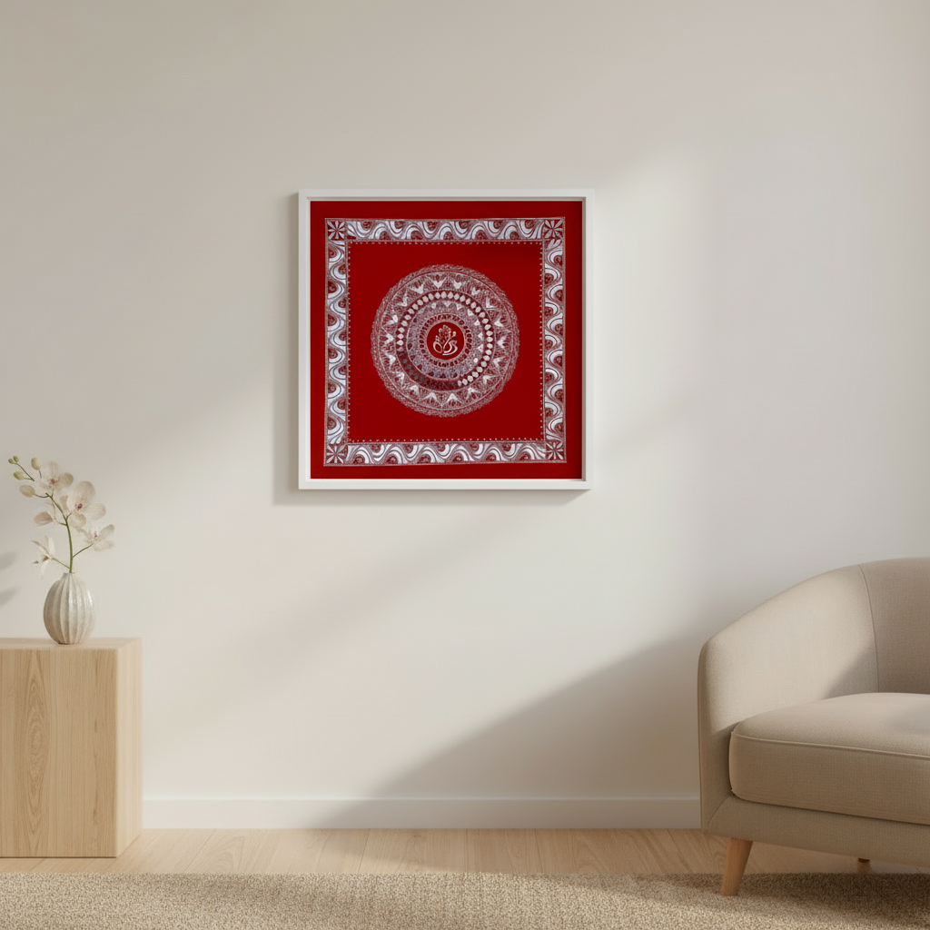 Red and white framed artwork on a wall with a beige chair and wooden side table.
