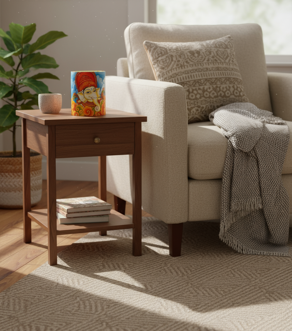 Cozy living room with a beige armchair, wooden side table, and decorative items.