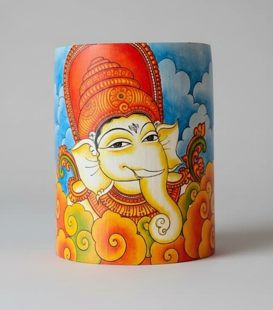Decorative wall decor with a colorful design of an elephant god on a gray background