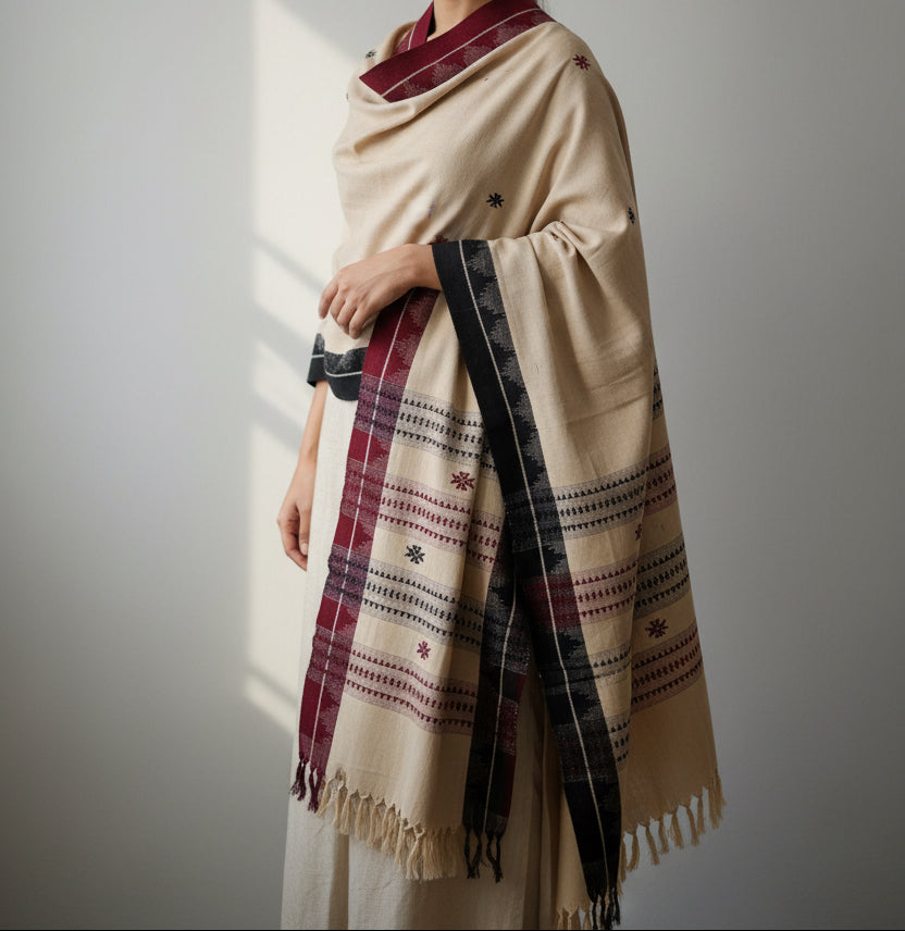 Beige Kotpad stole with Ganga Jamuna different borders red and black patterned shawl on a mannequin against a gray background