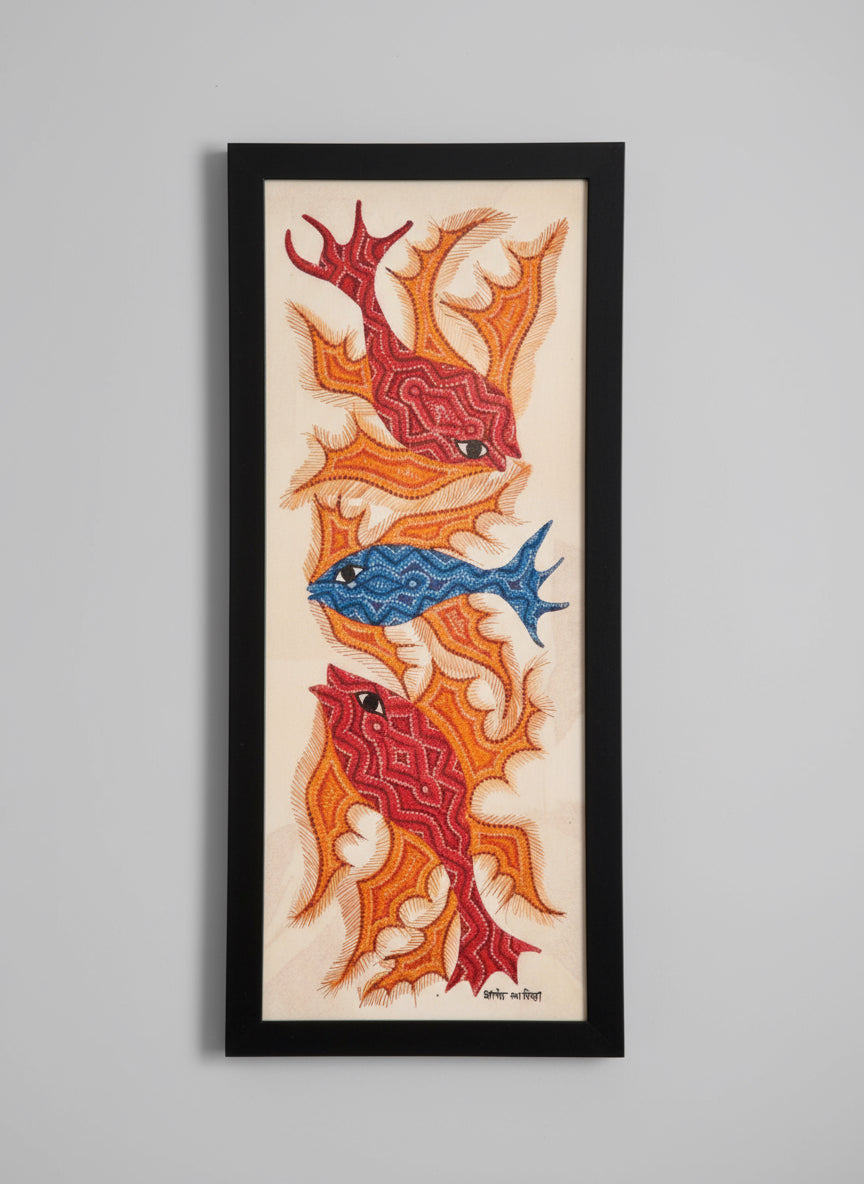 Framed artwork of stylized fish on a gray background