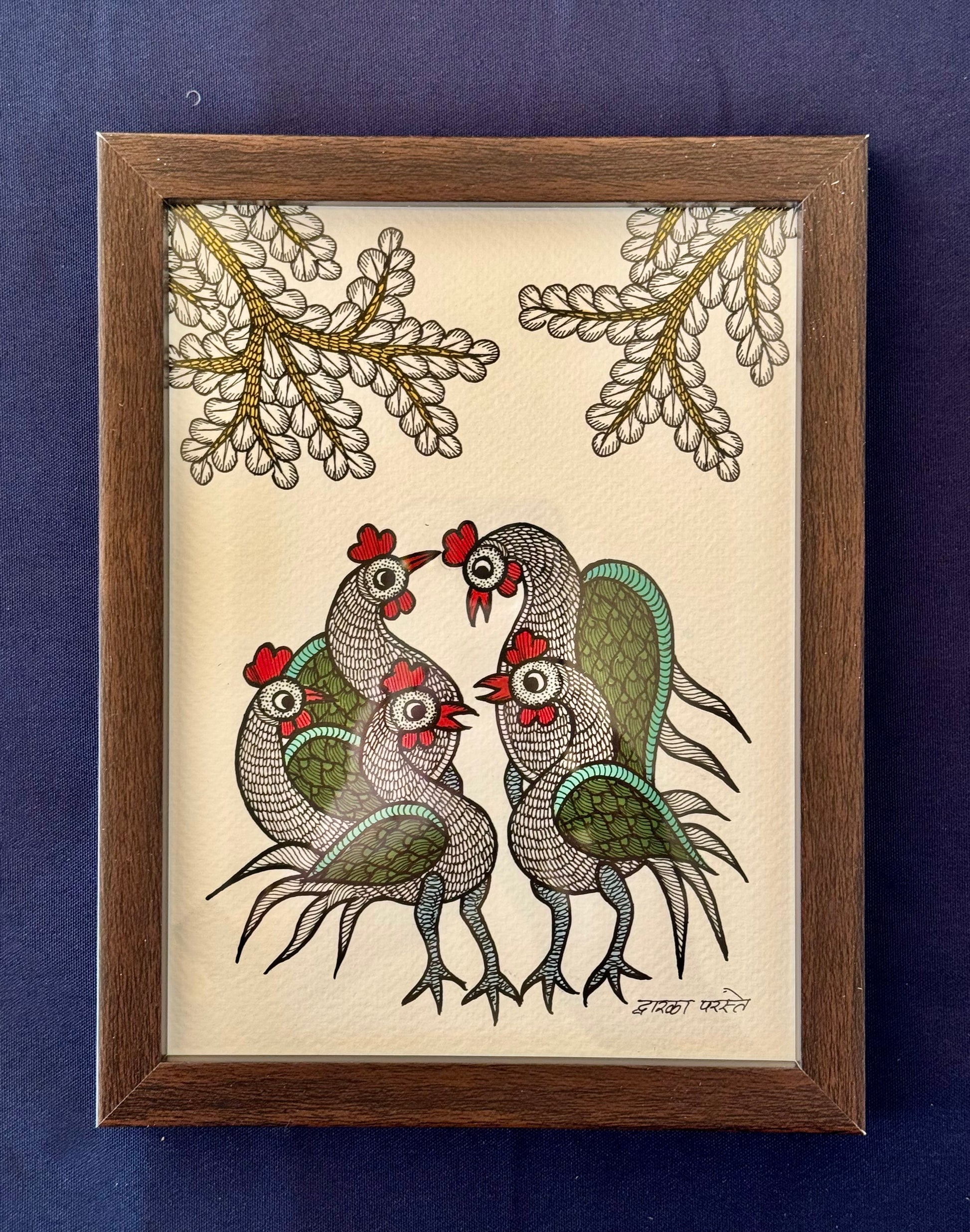 Hand-painted Gond art wall decor featuring intricate tribal patterns and vibrant storytelling inspired by nature and folklore.