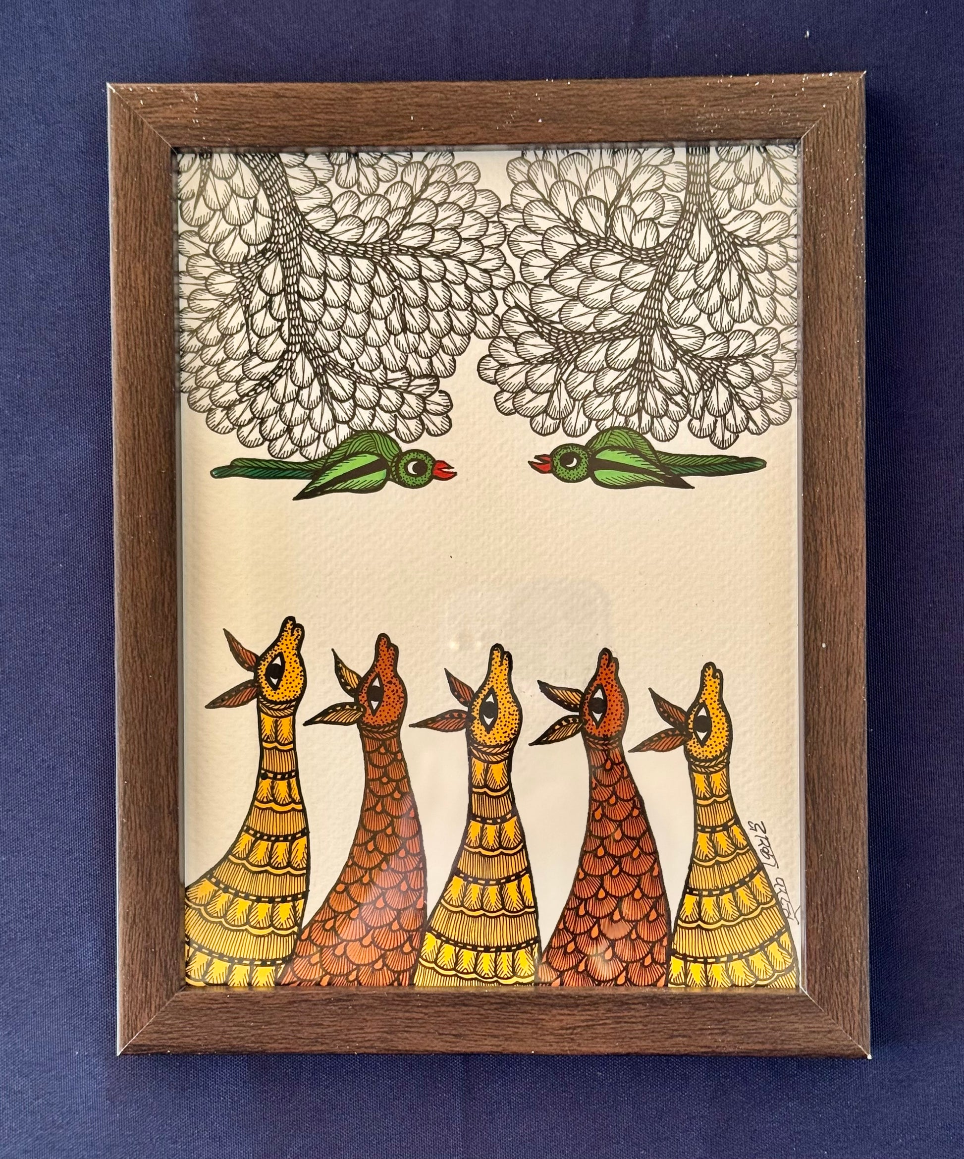 Hand-painted Gond art wall decor featuring intricate tribal patterns and vibrant storytelling inspired by nature and folklore.