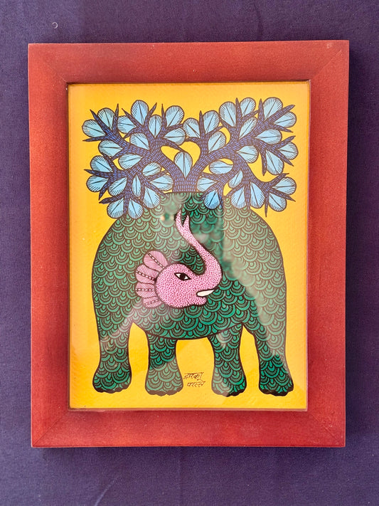 Hand-painted Gond art wall decor featuring intricate tribal patterns and vibrant storytelling inspired by nature and folklore.