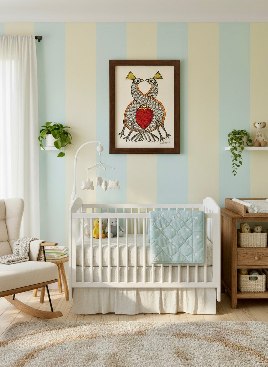 Nursery room with a white crib, Gond artwork on the wall, and decorative elements.