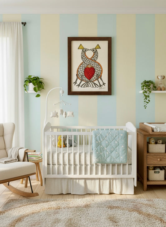 Nursery room with a white crib, Gond artwork on the wall, and decorative elements.