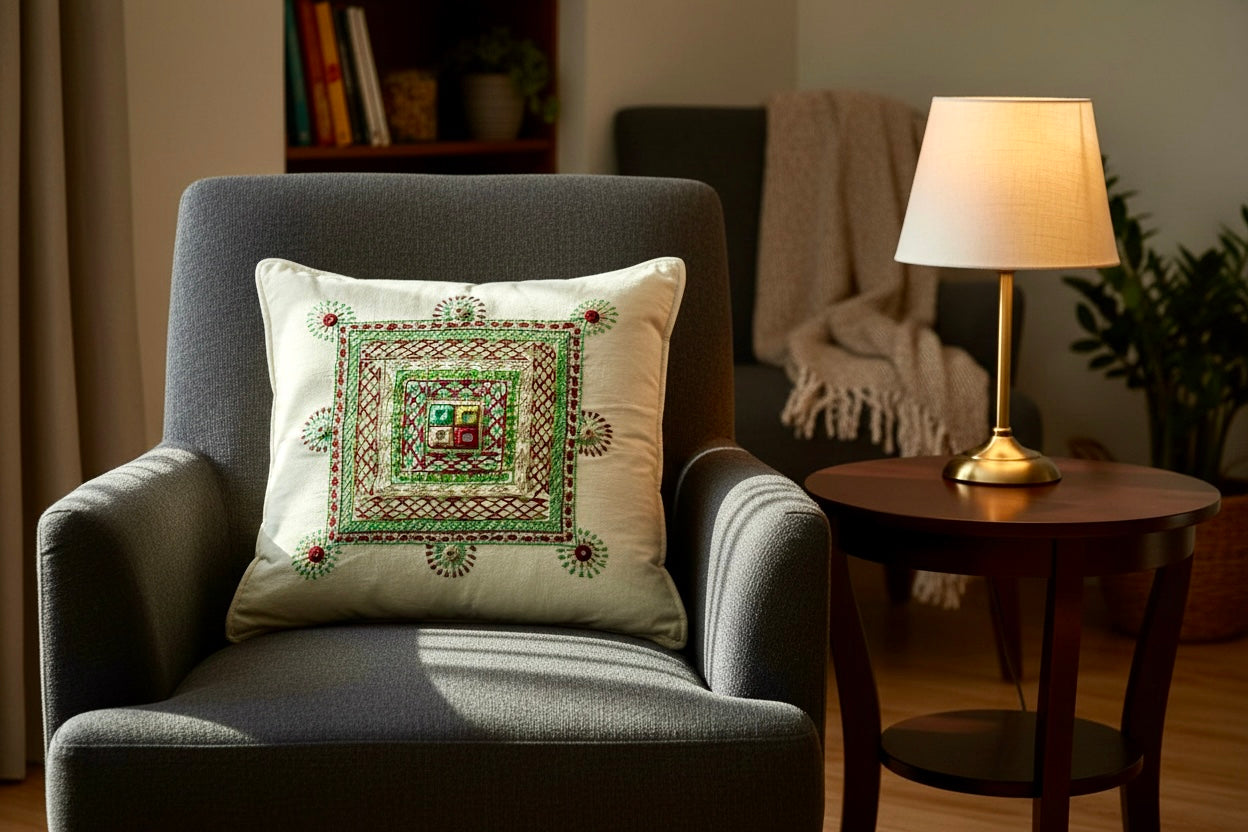 Decorative pillow with Lambani embroidery on a gray armchair in a cozy living room.