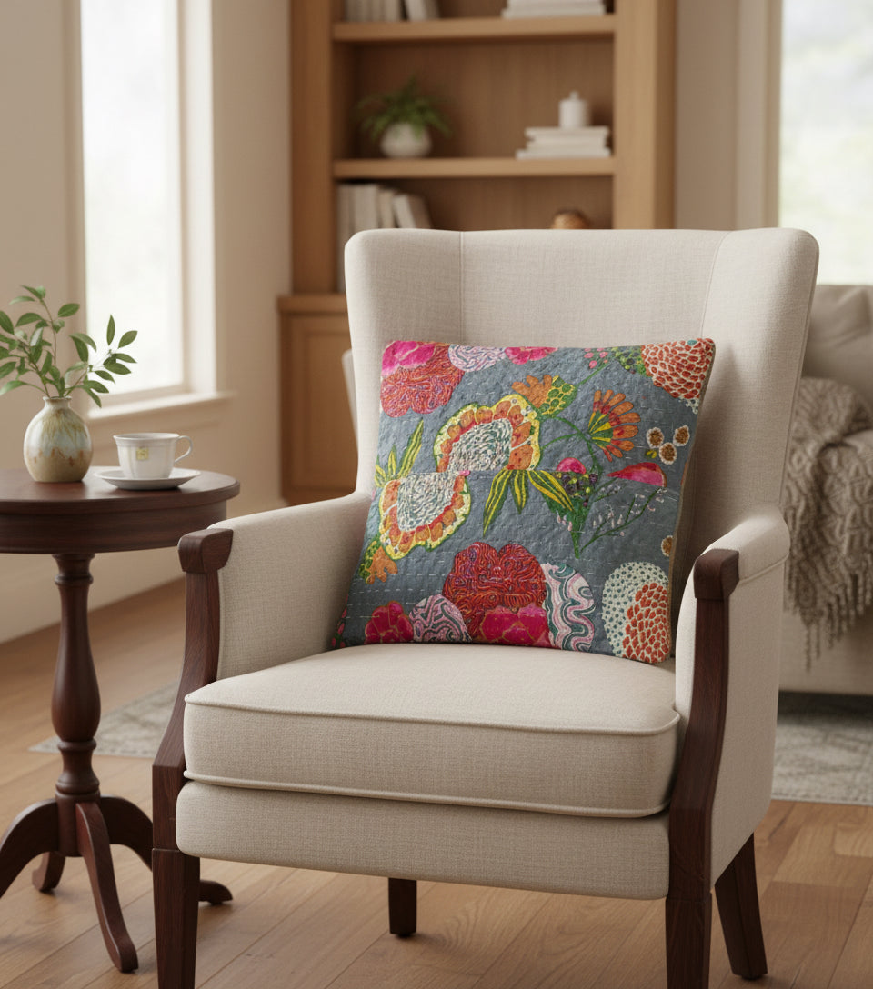 Colorful floral cushion cover with a dark background