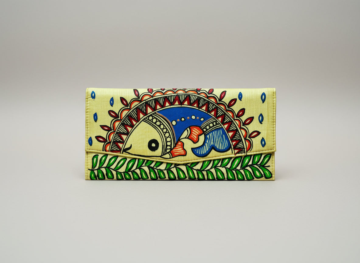 Decorative Madhubani hand painted fish with intricate patterns on a woven background
