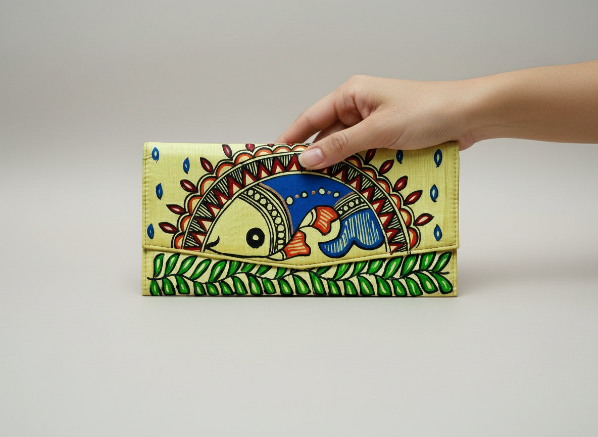 Hand holding a colorful hand-painted clutch bag on a light background