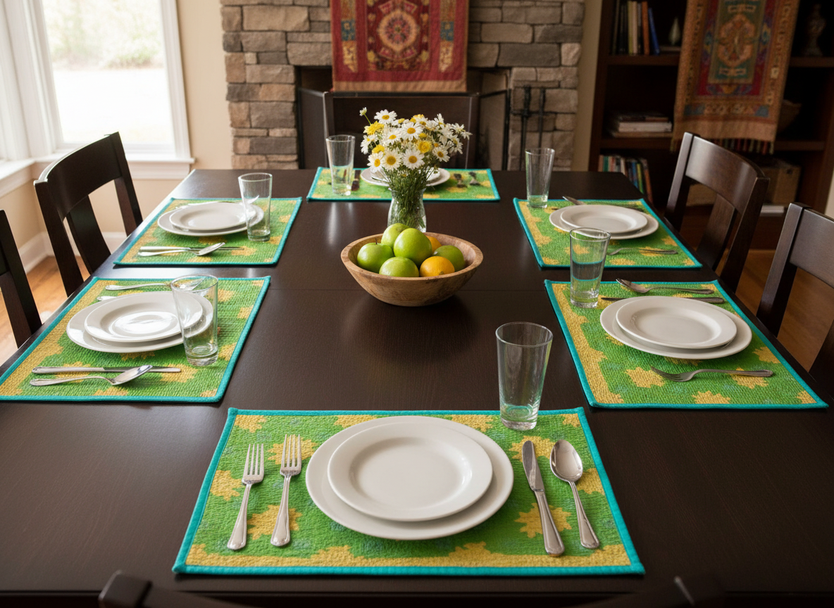 Dining table set with plates, glasses, and a bowl of fruit in a home setting.